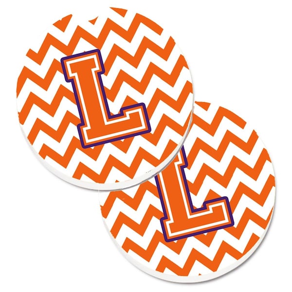 Carolines Treasures Letter L Chevron Orange and Regalia Set of 2 Cup Holder Car Coaster CJ1062-LCARC - main